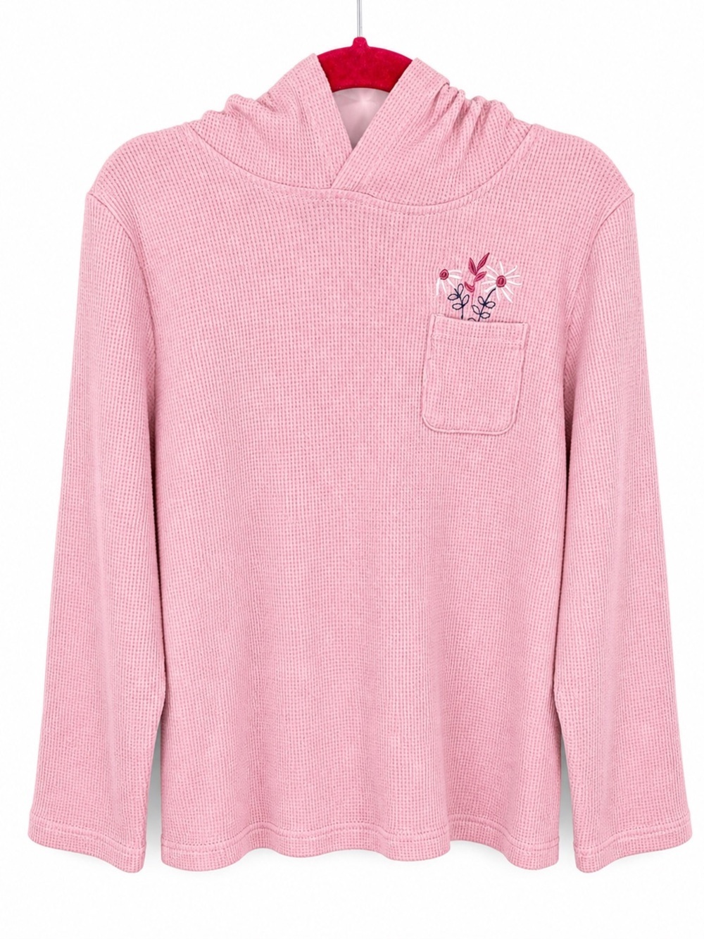 PEKKLE Like New Pink Waffle Knit Hoodie Floral Pocket Girls Layering Shirt Sz 6